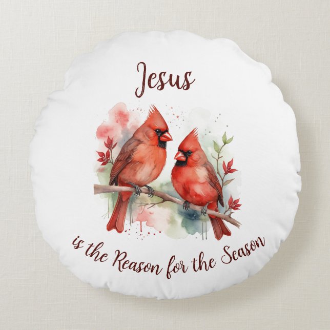 Christmas Red Cardinal Jesus Reason for Season Rund Kudde (Framsidan)