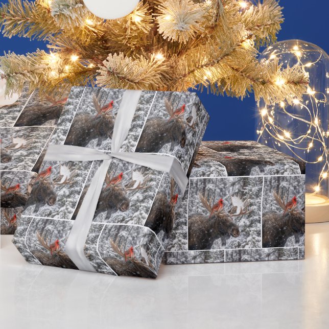 Christmas Red Cardinal On Snowy Moose Antlers Presentpapper (Helgdagar)