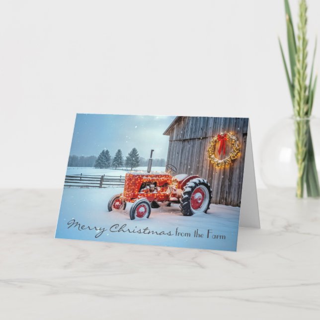 Christmas Red Farm Tractor In Snow Kort (Framsida)