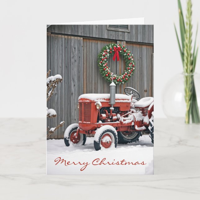 Christmas Red Farm Tractor In Snow Kort (Framsida)