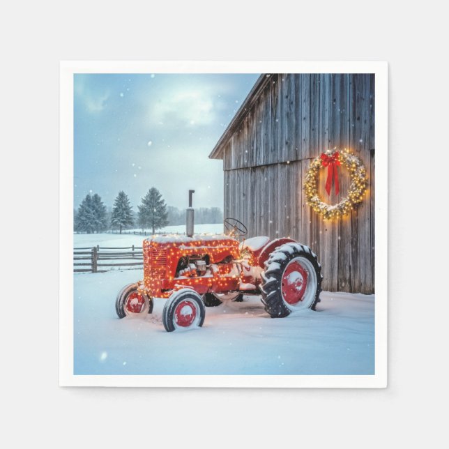 Christmas Red Farm Tractor In Snow Pappersservett (Framsidan)