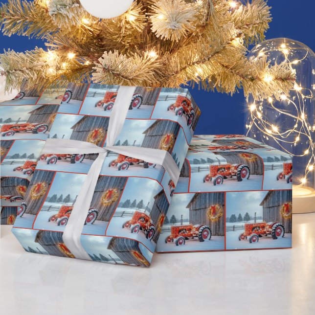 Christmas Red Farm Tractor In Snow Presentpapper (Helgdagar)