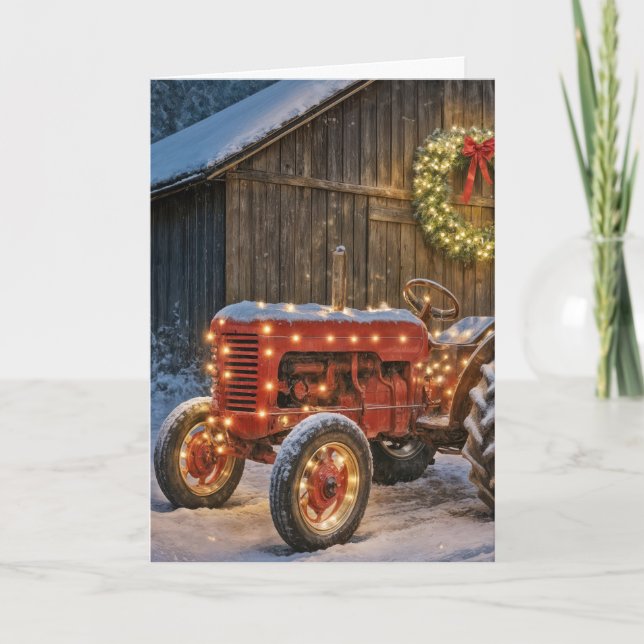 Christmas Red Farm Tractor With Glowing Wreath Kort (Framsida)