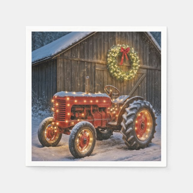 Christmas Red Farm Tractor With Glowing Wreath Pappersservett (Framsidan)