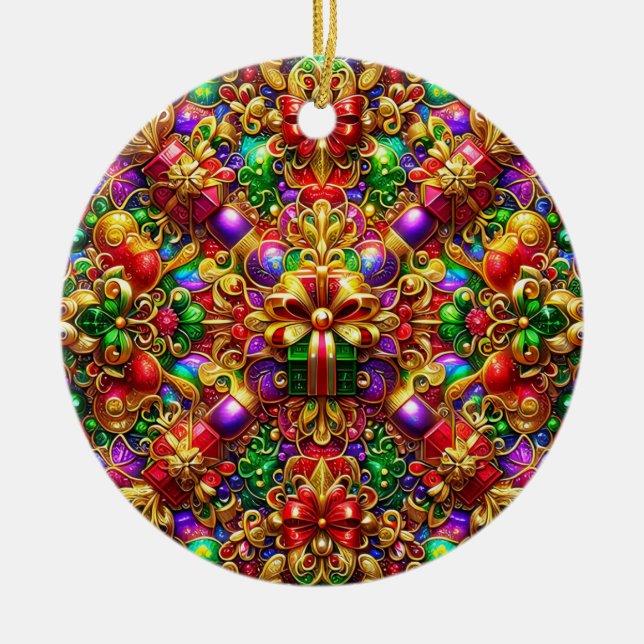 CHRISTMAS Red Gold Purple Green 3D Gift ~ Julgransprydnad Keramik (Framsidan)