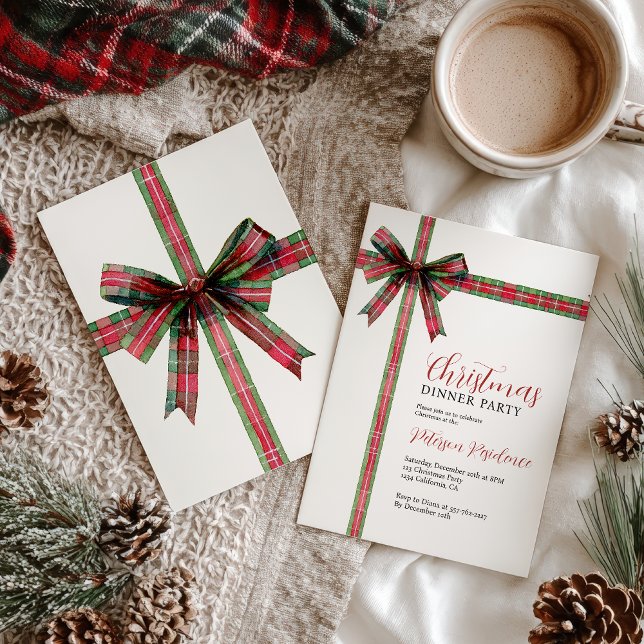 Christmas Red Green Plaid Coquette Bow Holiday Inbjudningar (Christmas Red Green Plaid Coquette Bow Holiday Invitation)