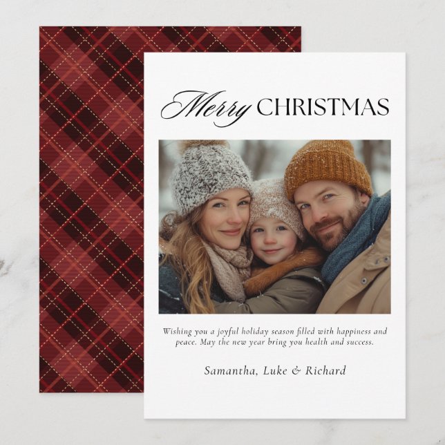 Christmas Red Plaid Family Photo Holiday Card Julkort (Fram/baksida)