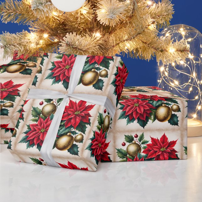 Christmas Red Poinsettia and Golden Ornaments  Presentpapper (Helgdagar)