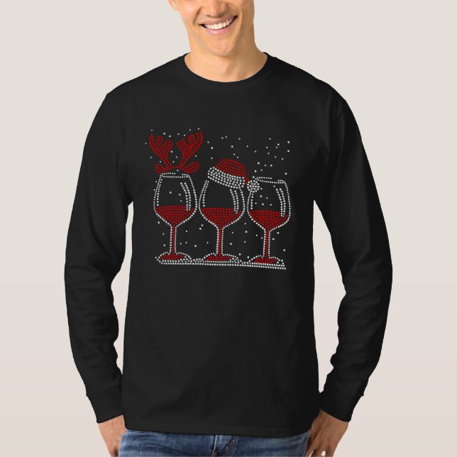 Christmas Red Wine Glass Cute Santa Hat Christmas T Shirt (Framsida)