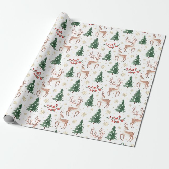 Christmas Reindeer, Berries, Snowflakes, Trees  Presentpapper (Utrullad)