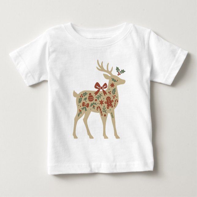 Christmas Reindeer Floral Art T Shirt (Framsida)
