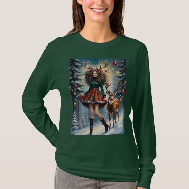 Christmas Reindeer Girl With Antlers Snowy Night T Shirt (Framsida)