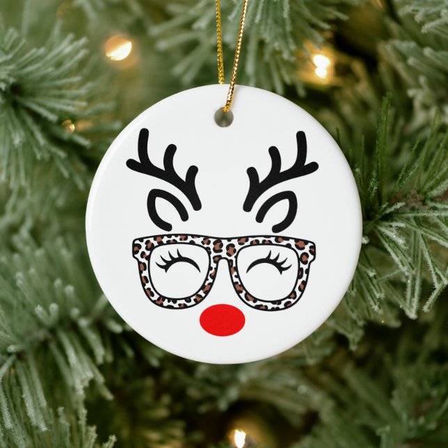 Christmas Reindeer Leopard Glasses Holiday Julgransprydnad Keramik (Träd)