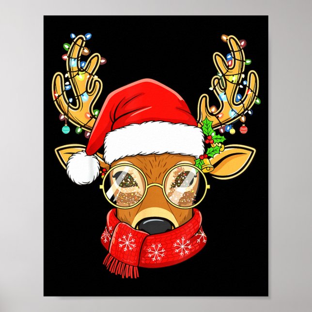 Christmas Reindeer Lights Gles Santa Hat Deer Xmas Poster (Framsidan)