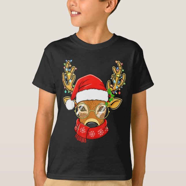 Christmas Reindeer Lights Gles Santa Hat Deer Xmas T Shirt (Framsida)