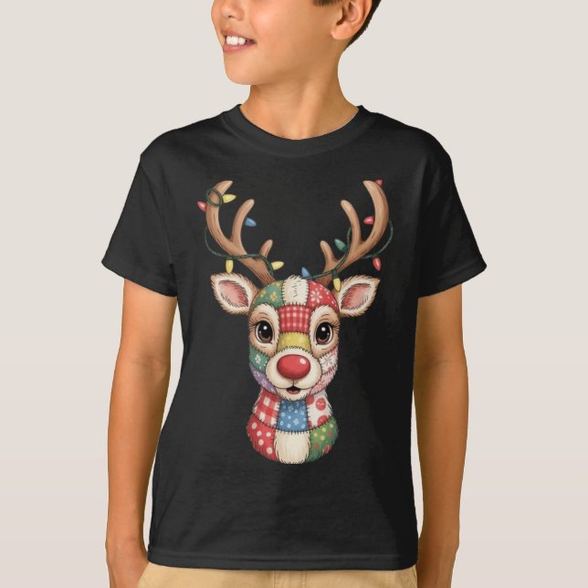 Christmas Reindeer Patchwork Men Women Kids Cute R T Shirt (Framsida)