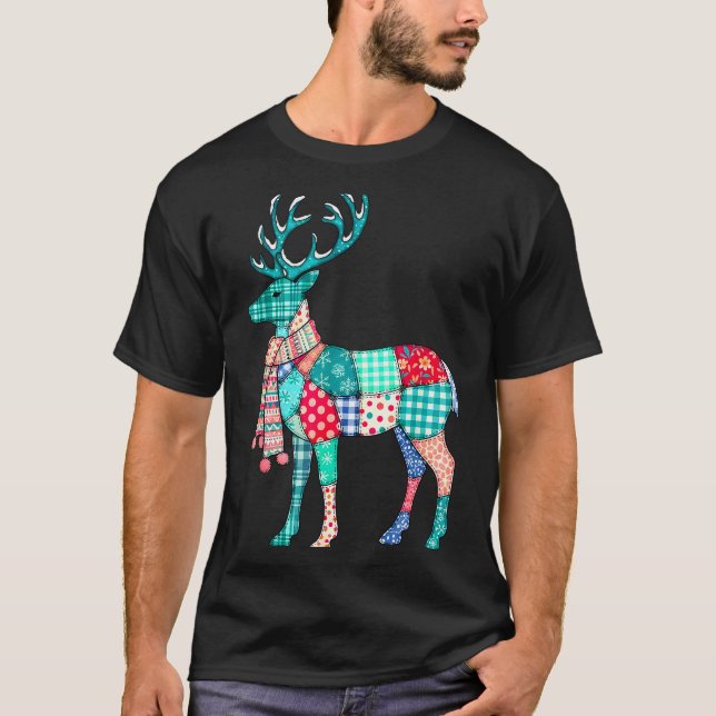 Christmas Reindeer Patchwork Reindeer Men Women Ki T Shirt (Framsida)
