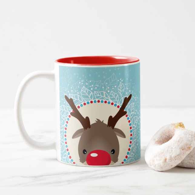 CHRISTMAS REINDEER PEEKING Red nosrudolph blue Två-Tonad Mugg (Med munk)