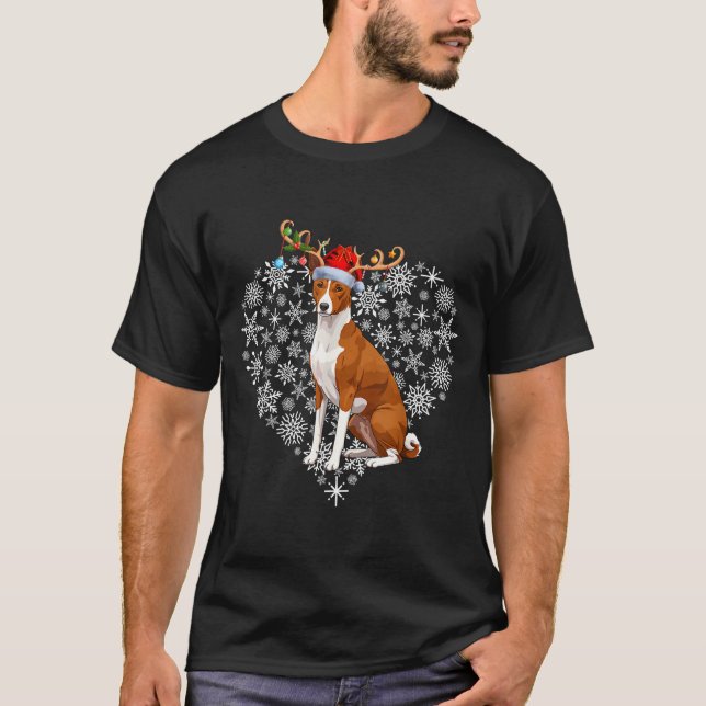Christmas Reindeer Santa Hat Basenji Lovers Xmas  T Shirt (Framsida)
