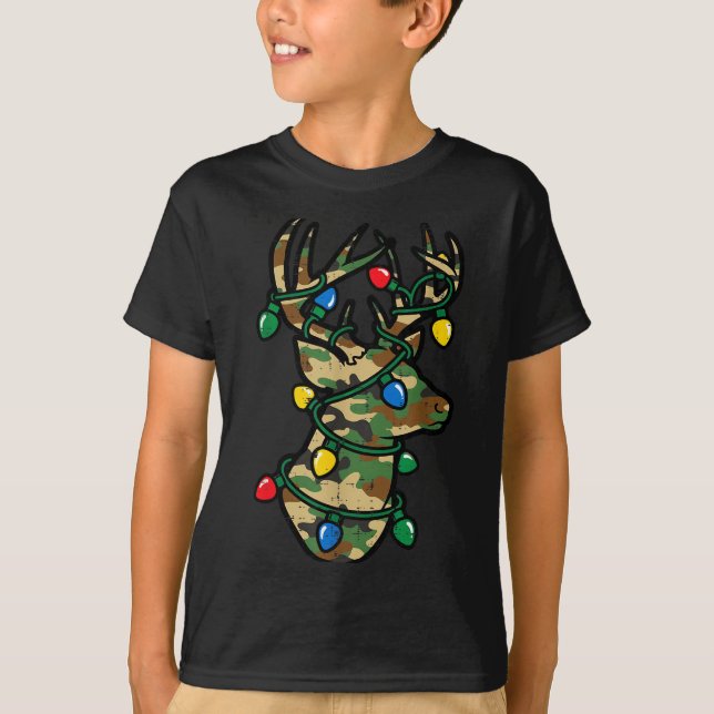 Christmas Reindeer Silhouette Camo Xmas Lights Men T Shirt (Framsida)