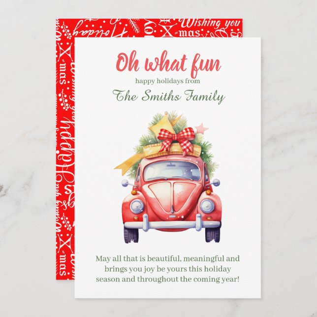 Christmas retro car postcard inbjudningar (Fram/baksida)