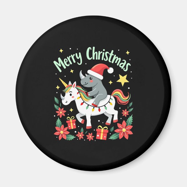 Christmas Rhino Merry Christmas Unicorn Rhino T-Sh Magnet (Framsidan)