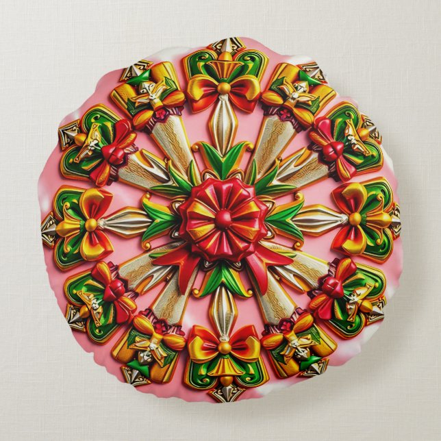 CHRISTMAS ~ Round cushion ~ red grönt guld gult Rund Kudde (Baksidan)