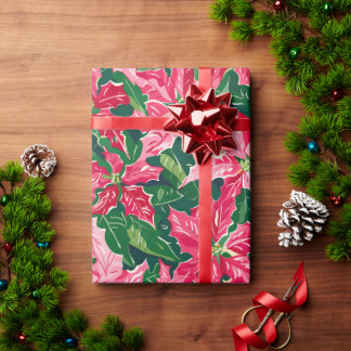 Christmas Ruby Pink Poinsettia N Leaves Pattern Presentpapper