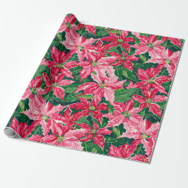 Christmas Ruby Pink Poinsettia N Leaves Pattern Presentpapper