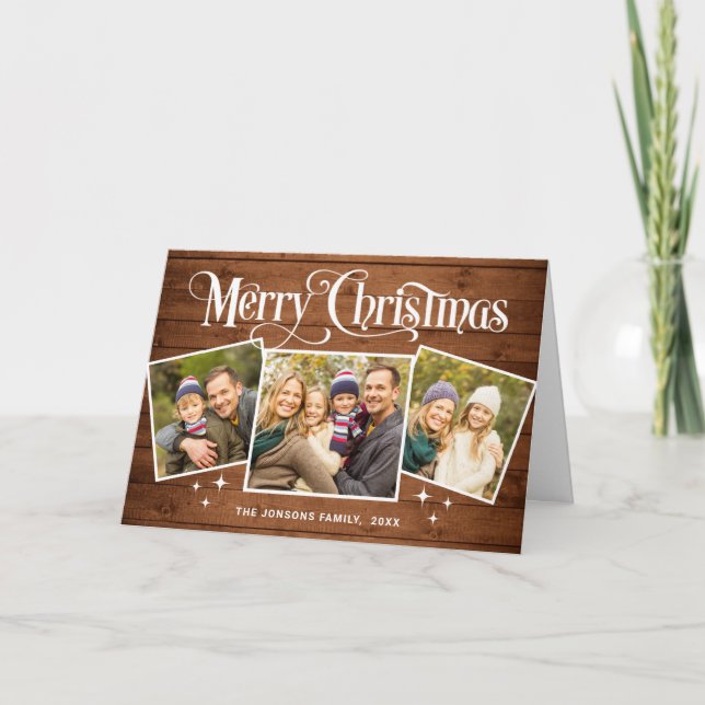 Christmas Rustic Brown Wood 4 PHOTO Greeting Helgkort (Framsida)