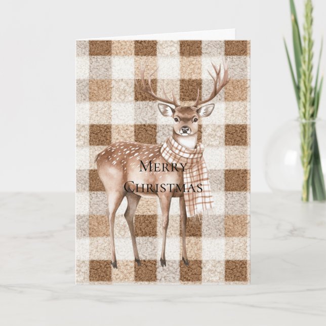Christmas Rustic Cream Brown Plaid Deer Kort (Framsida)