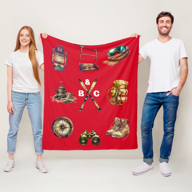 Christmas Rustic Ski Couple Initial Outdoor Red Fleecefilt (På plats)