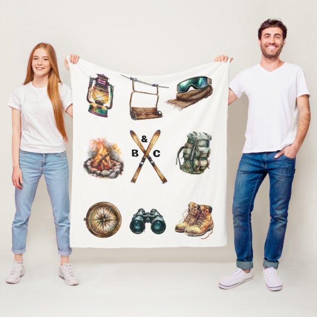 Christmas Rustic Ski Couple Initial Outdoor White  Fleecefilt (På plats)