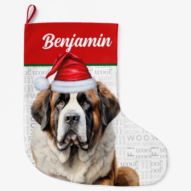 Christmas Saint Bernard Dog with Name Woof Stor Julstrumpa (Framsidan)