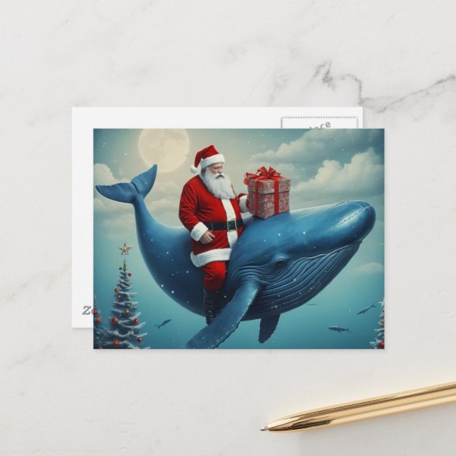 Christmas Santa and Whale Surreal Vykort (Fram/Back In Situ)