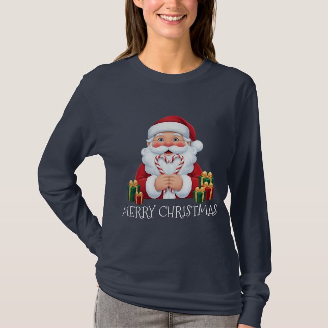 Christmas Santa Candy Cane Heart T Shirt (Framsida)