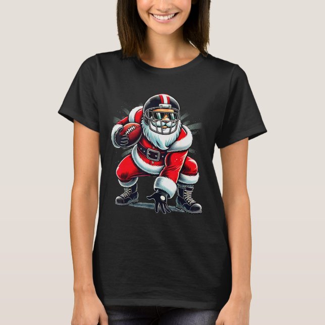 Christmas Santa Claus Football Lineman Quarterback T Shirt (Framsida)
