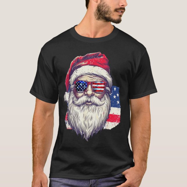 Christmas Santa Claus Patriotic Usa Sungles In Jul T Shirt (Framsida)