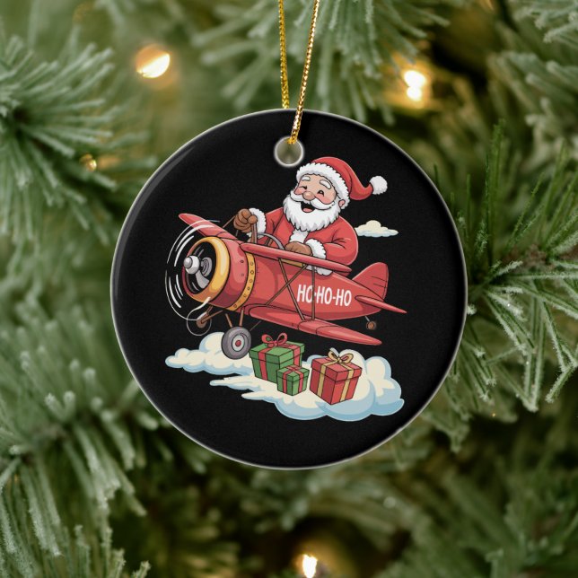 Christmas Santa Claus Pilot Flying Airplane Gift Julgransprydnad Keramik (Träd)