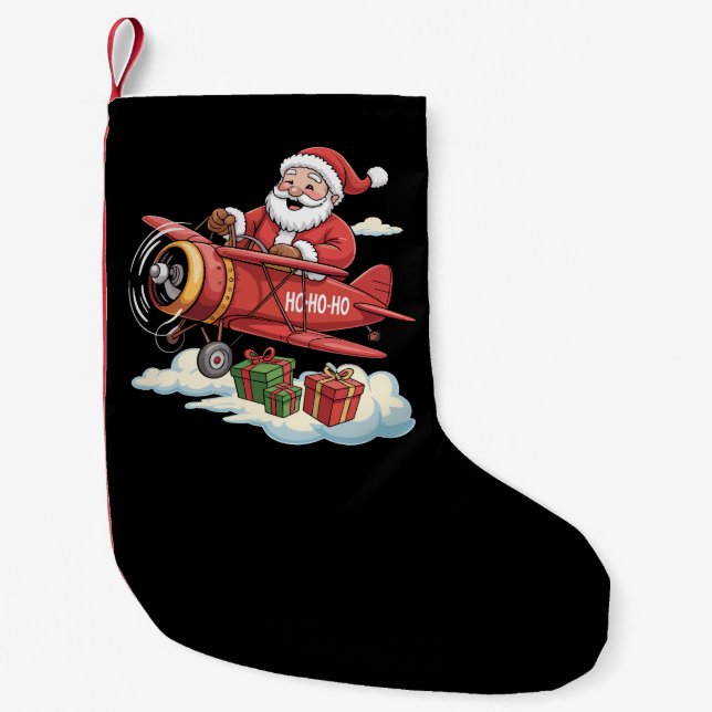 Christmas Santa Claus Pilot Flying Airplane Gift Liten Julstrumpa (Framsidan)