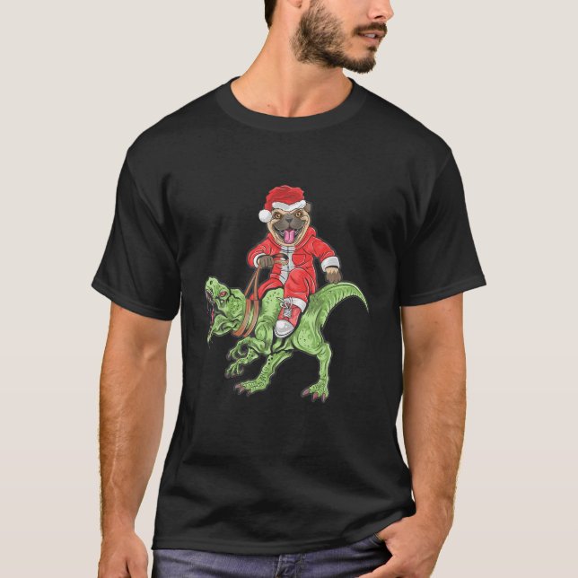 Christmas Santa Claus Pug Dog Riding A Dinosaur Tr T Shirt (Framsida)