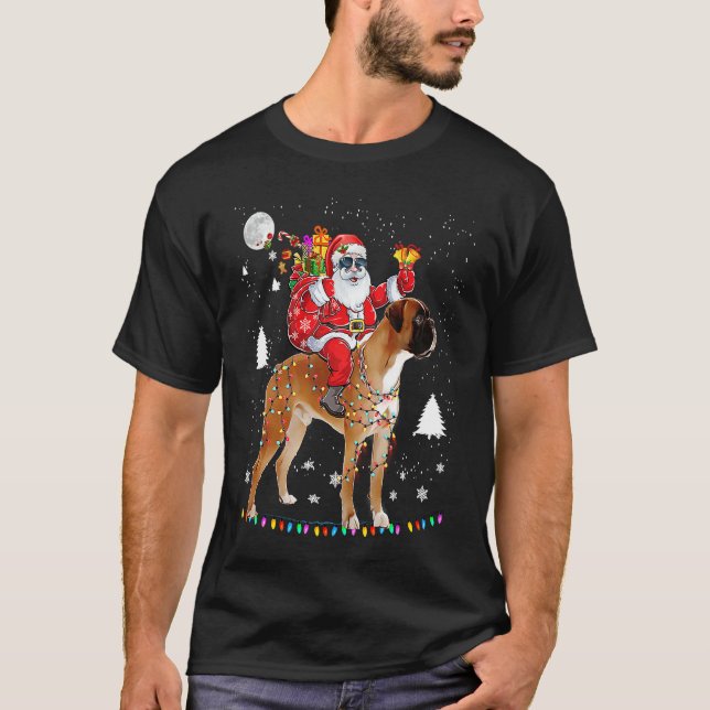 Christmas Santa Claus Riding Boxer Dog Lights Xmas T Shirt (Framsida)
