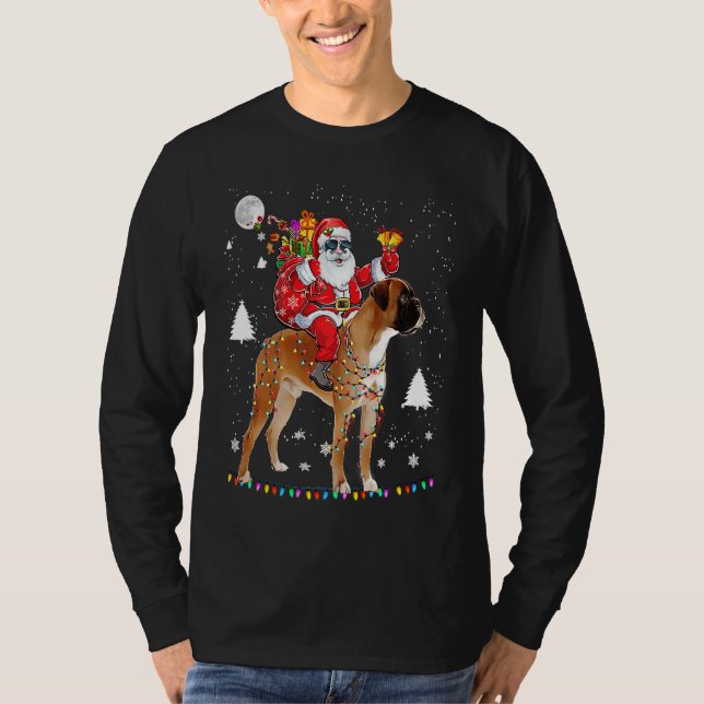 Christmas Santa Claus Riding Boxer Dog Lights Xmas T Shirt (Framsida)