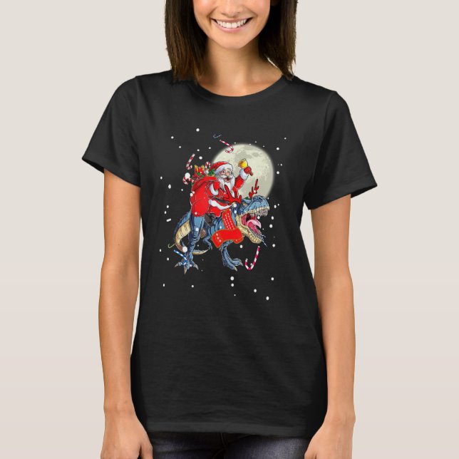 Christmas Santa Claus Riding Dinosaur For Boys Gir T Shirt (Framsida)