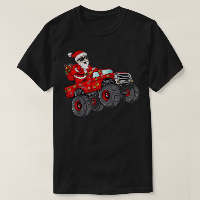 Christmas Santa Claus Riding Monster Truck Boys Ki T Shirt (Design framsida)