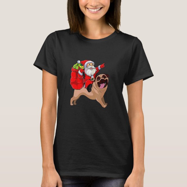 Christmas Santa Claus Riding Pug Dog Xmas Pajama T Shirt (Framsida)