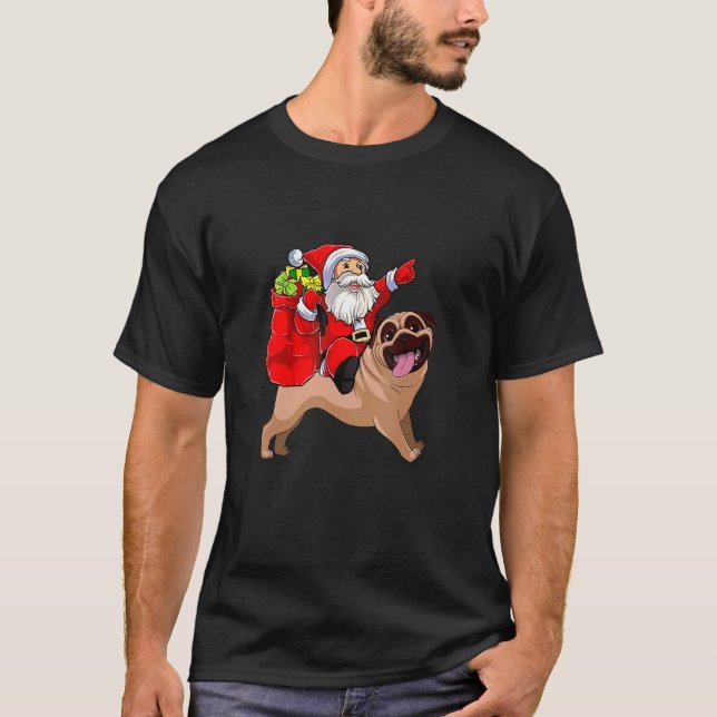 Christmas Santa Claus Riding Pug Dog Xmas Pajama T Shirt (Framsida)
