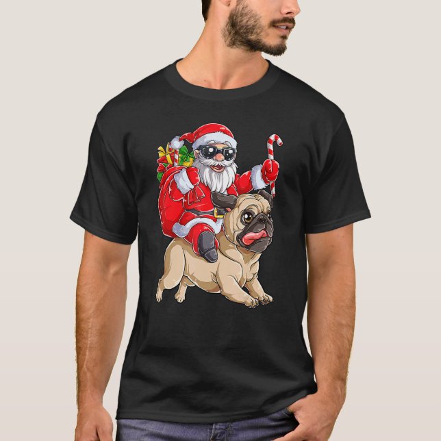 Christmas Santa Claus Riding Pug Xmas Boys Men Pug T Shirt (Framsida)