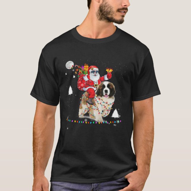 Christmas Santa Claus Riding Saint Bernard Lights  T Shirt (Framsida)