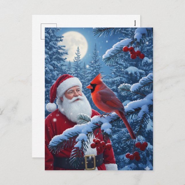 Christmas Santa Claus with Cardinal in Snowy Tree Helg Vykort (Fram/baksida)